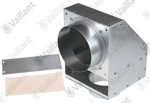 Vaillant-Gehäuse mit rundem Anschluss, für die Installation eines Filters, besteht aus Metall mit zwei abnehmbaren Platten.